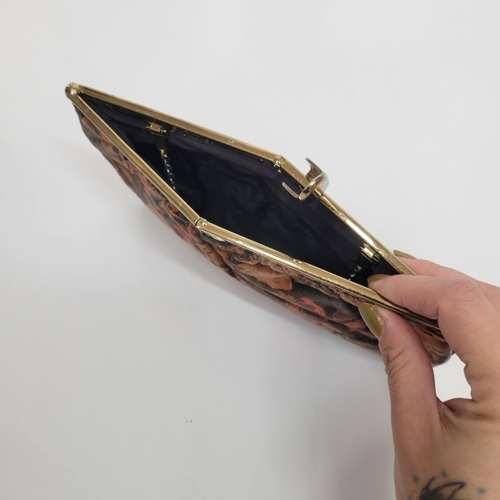 VTG Floral Fabric Unique Opening Bag Clutch Brown Orange Black Flora Gold Strap - Picture 15 of 17
